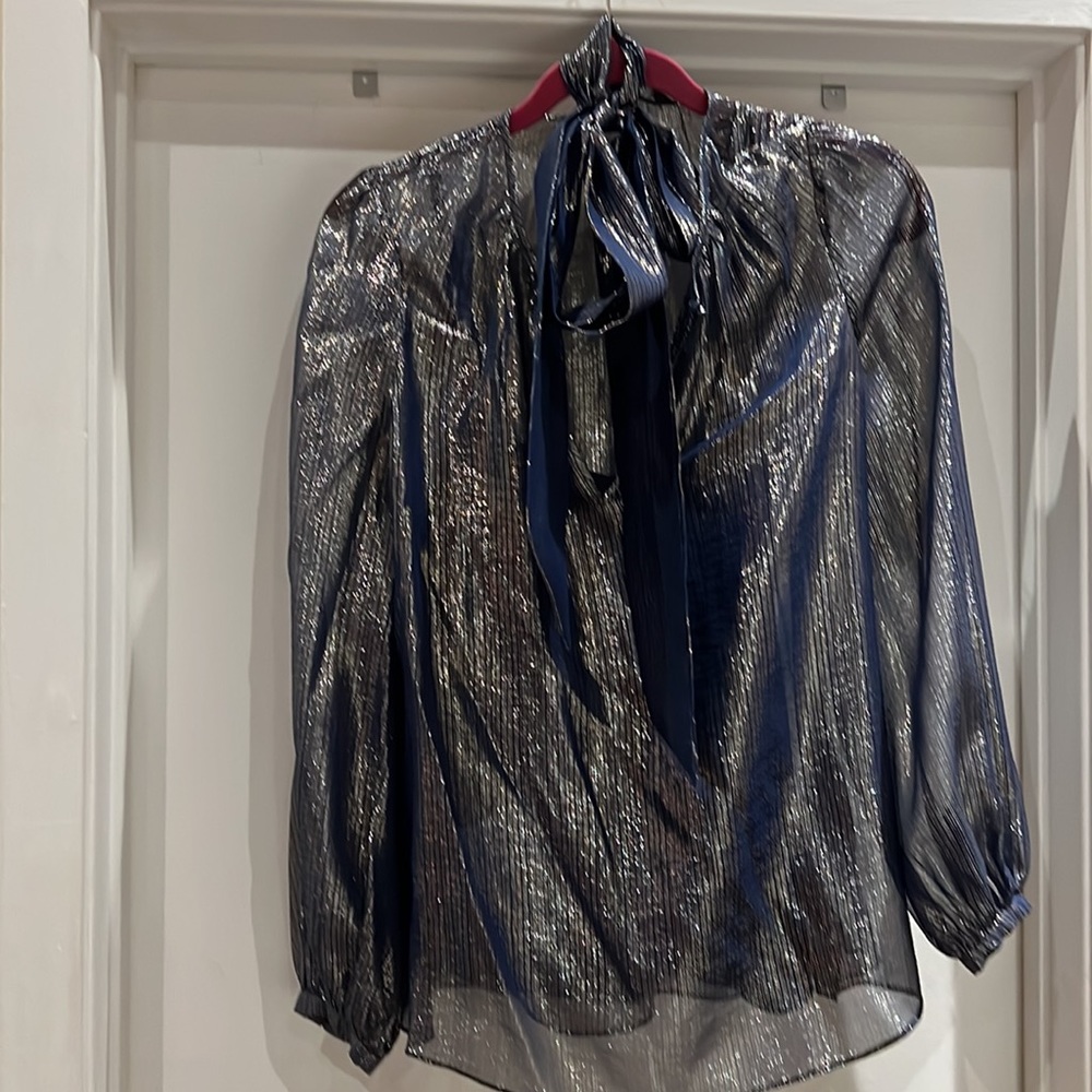 Intermix Lavender/Blue Gold & Silver Stripped Sparkly Long Sleeve with Neck Bow